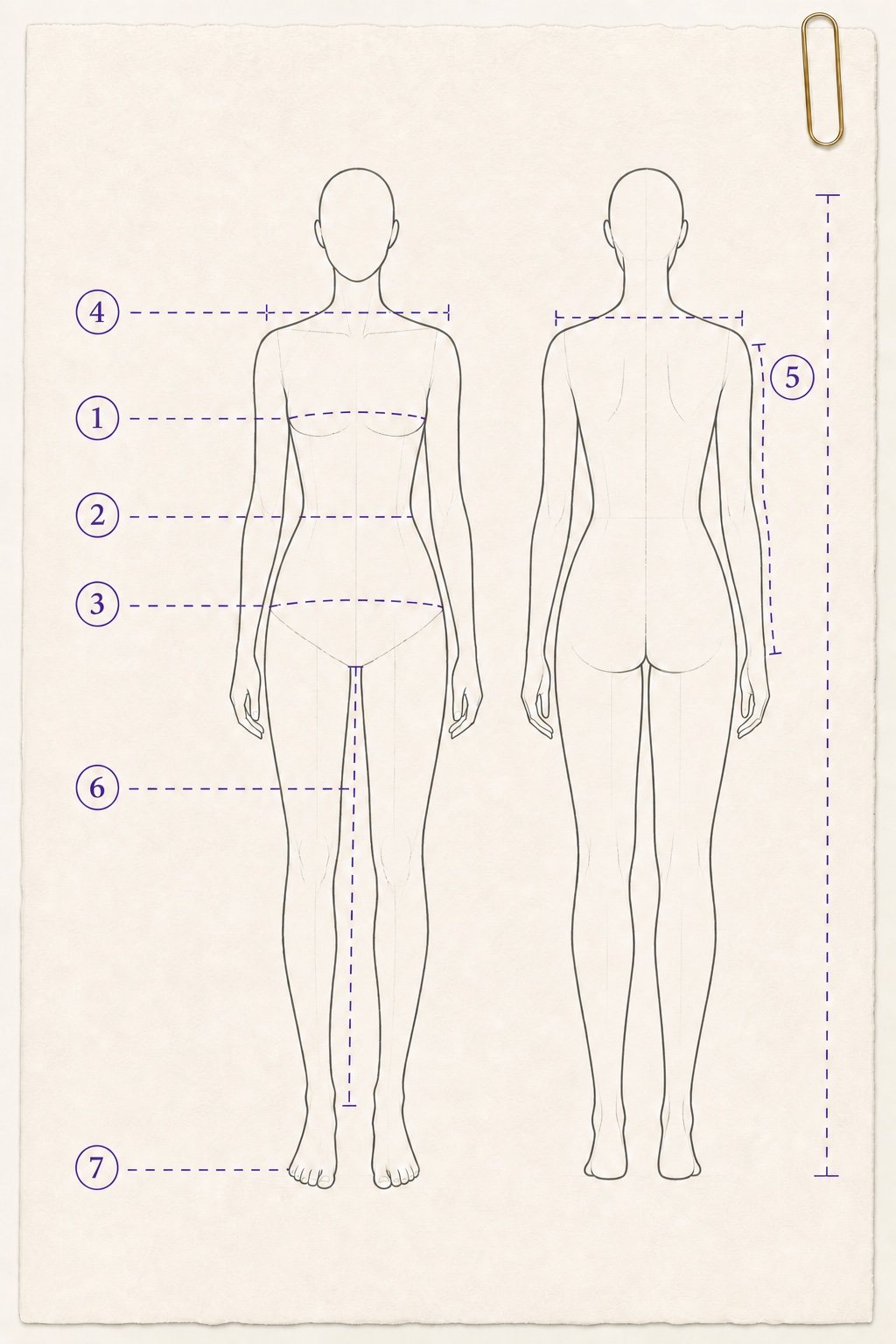 Illustrative front and back body guide showing costume measurement positions