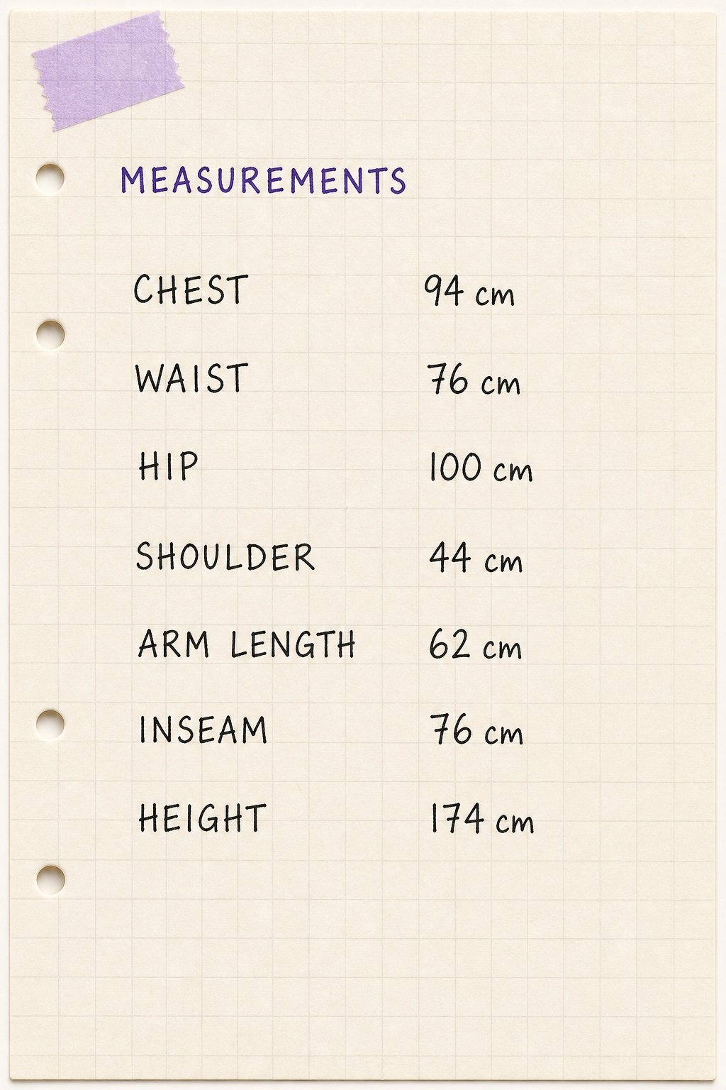 Illustrative handwritten costume measurement sample sheet
